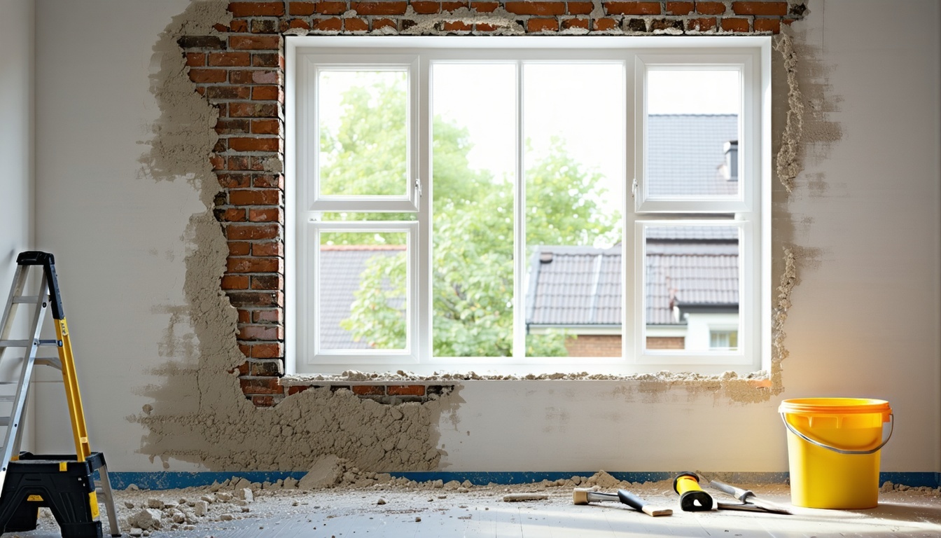 Interior home renovation scene focused on a newly replaced window The image should show the surrounding wall revealed brick or plaster with part of the inner window area palety and nadpra being freshly repaired or plastered Half of the window should