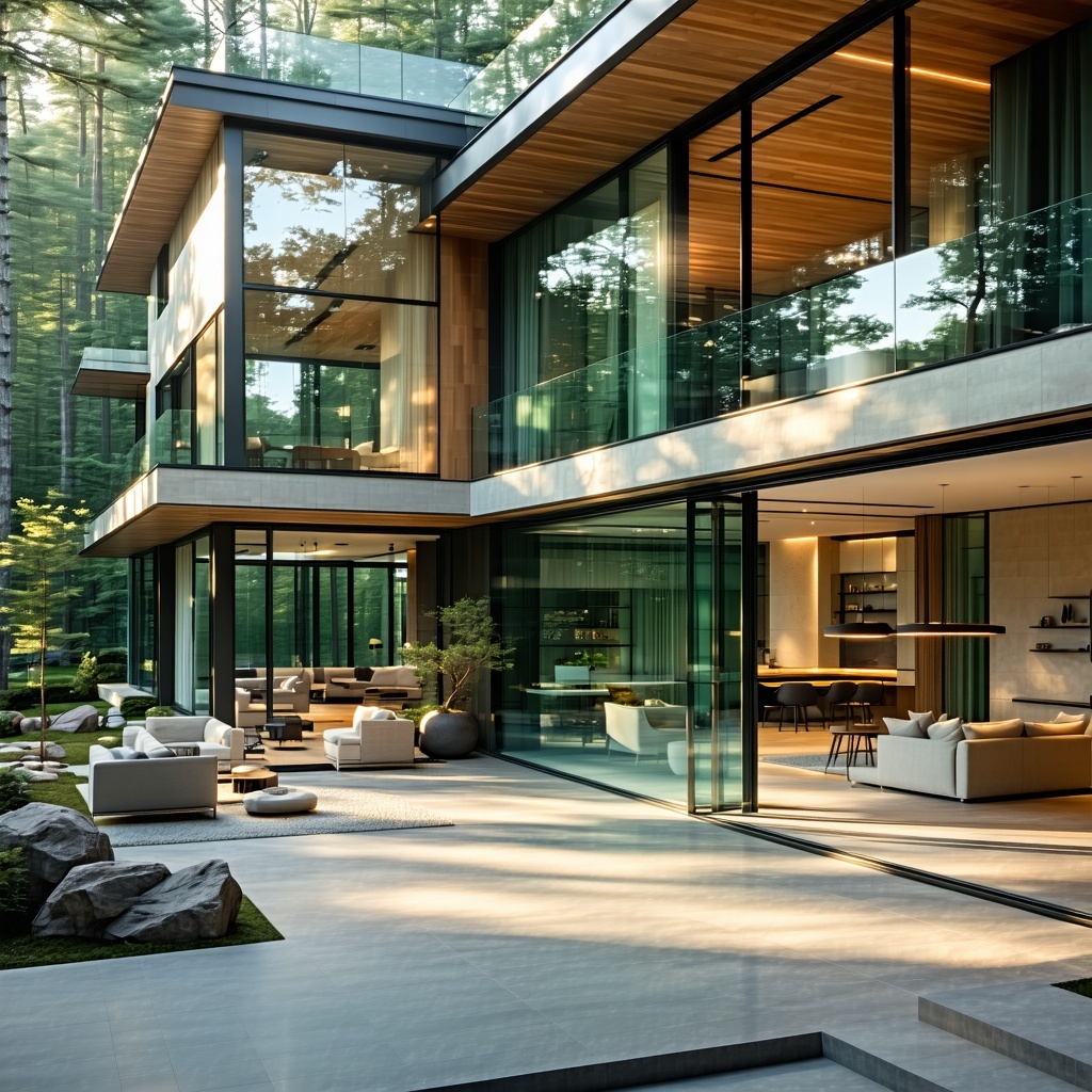The image depicts a modern home exterior featuring expansive floortoceiling panoramic windows framed by sleek minimalist aluminum edges The architecture embraces a harmonious blend of natural colors with dark green and sandy beige accents complementi