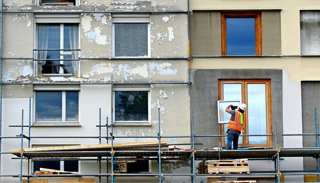 The image depicts an old multistory apartment building characterized by its typical panel architecture The faade shows a mix of peeling paint and patches where previous renovations have occurred Scattered throughout the building are several older woo-2